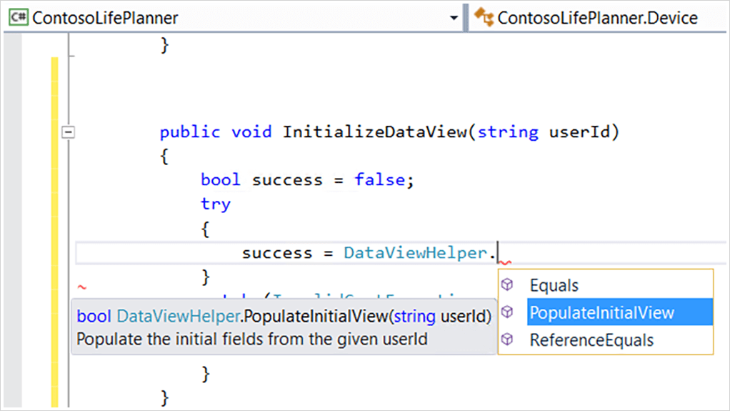 captura de tela do editor de código do IntelliSense