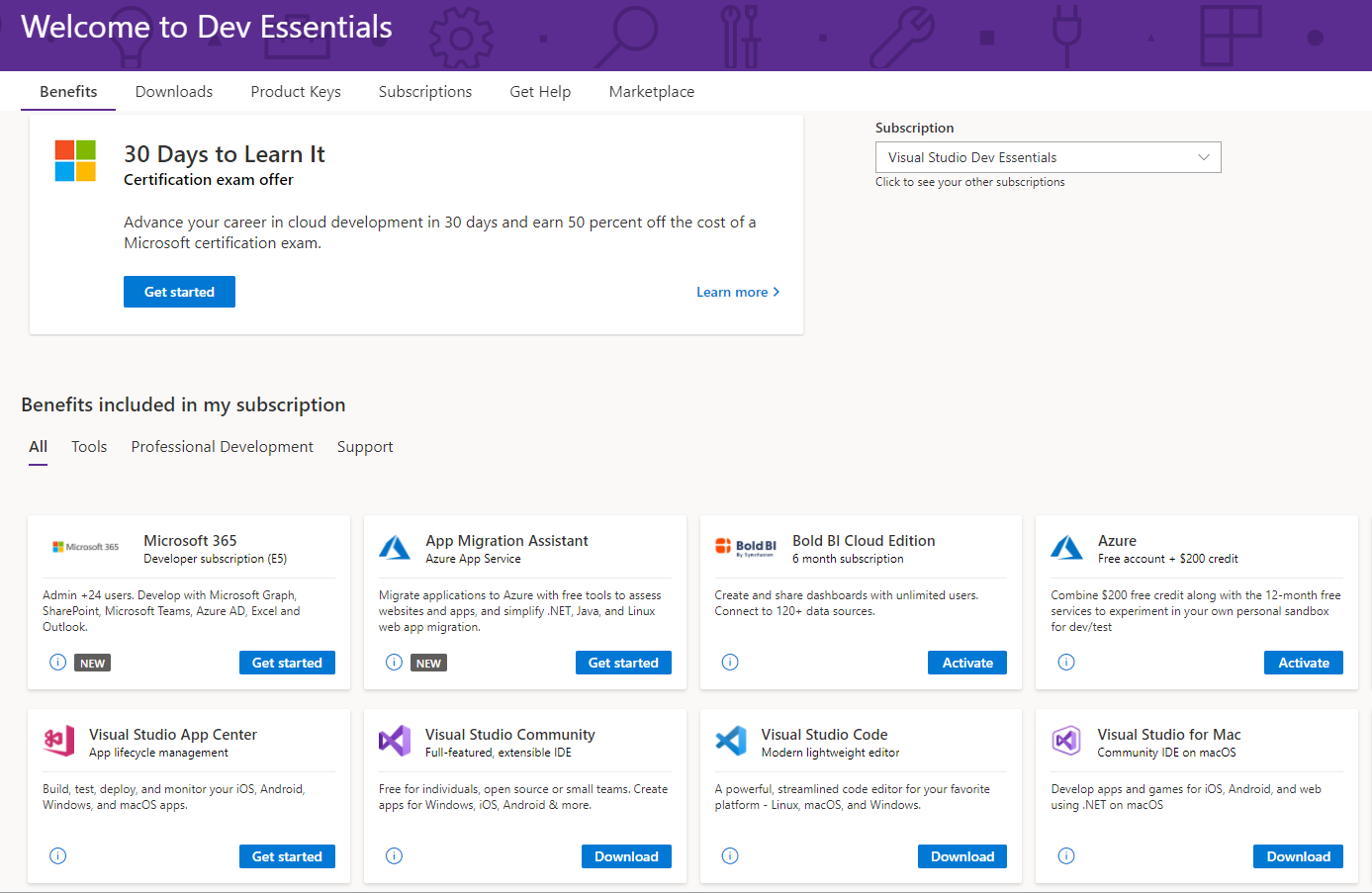 captura de pantalla de bienvenida a Dev Essentials